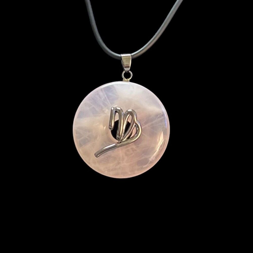 Virgo Zodiac Sign Gunmetal W/Natural Rose Quartz Pendant W Cord Astrology NEW